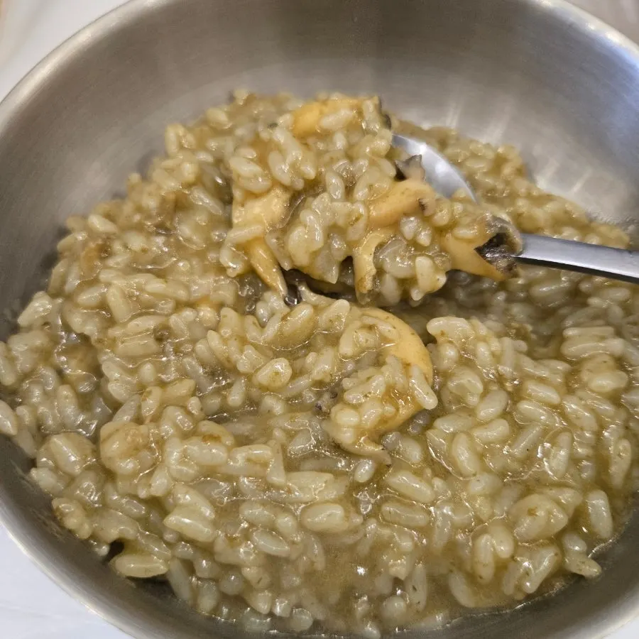 Spoonful of porridge showing abalone flesh