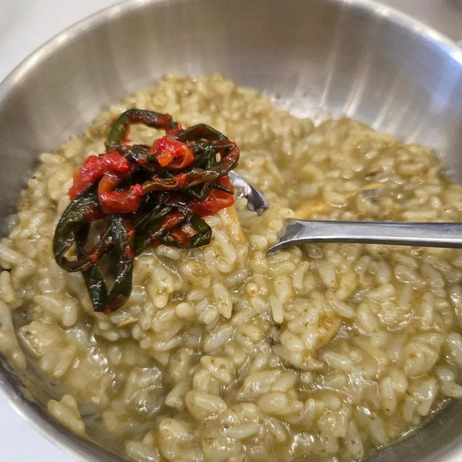 Green onion kimchi added on top of the porridge