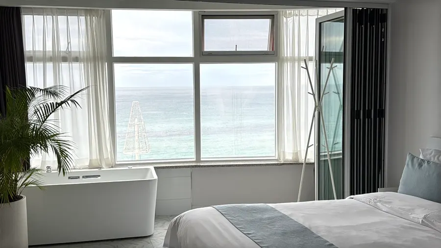Wide view of Anmok Beach from Room 401's window