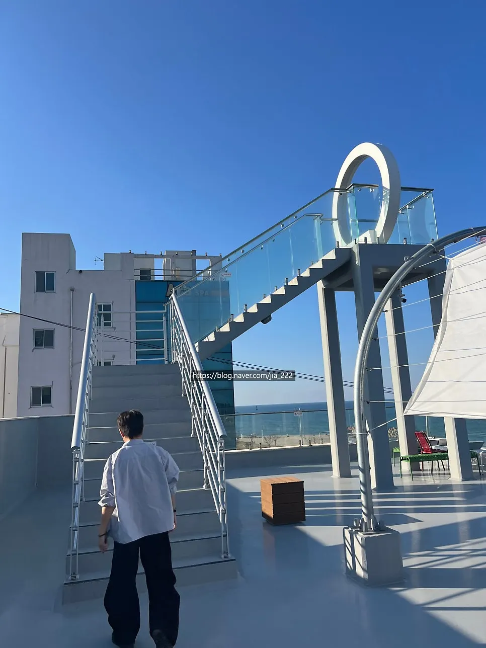 Sky stairs photo zone on the rooftop