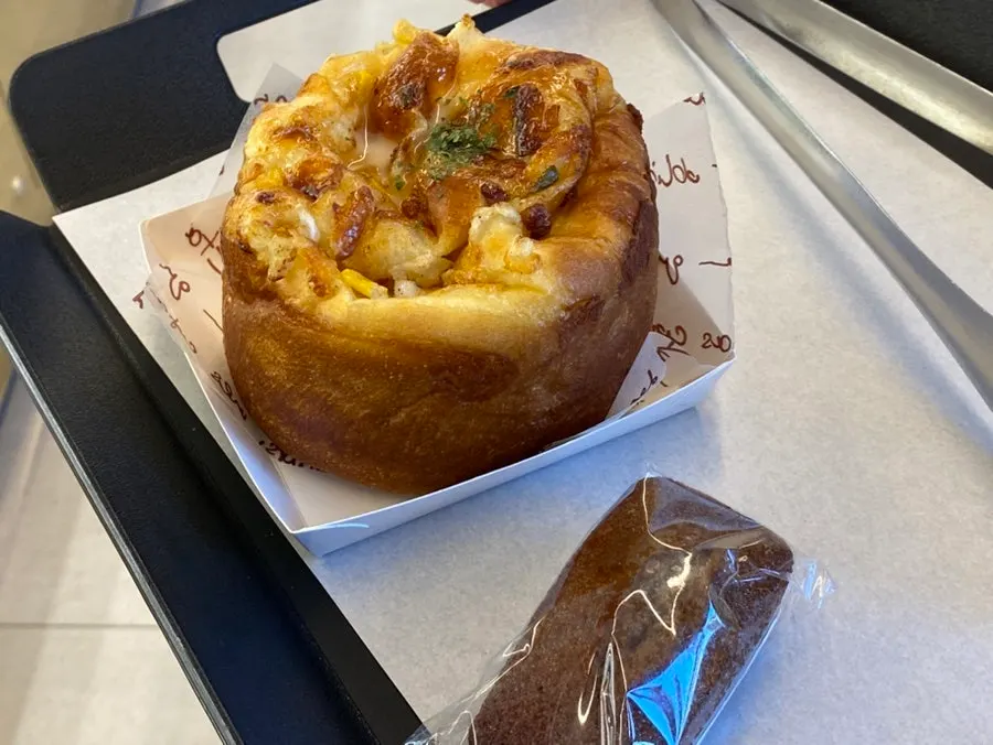 Corn mayo cheese bread and mocha financier