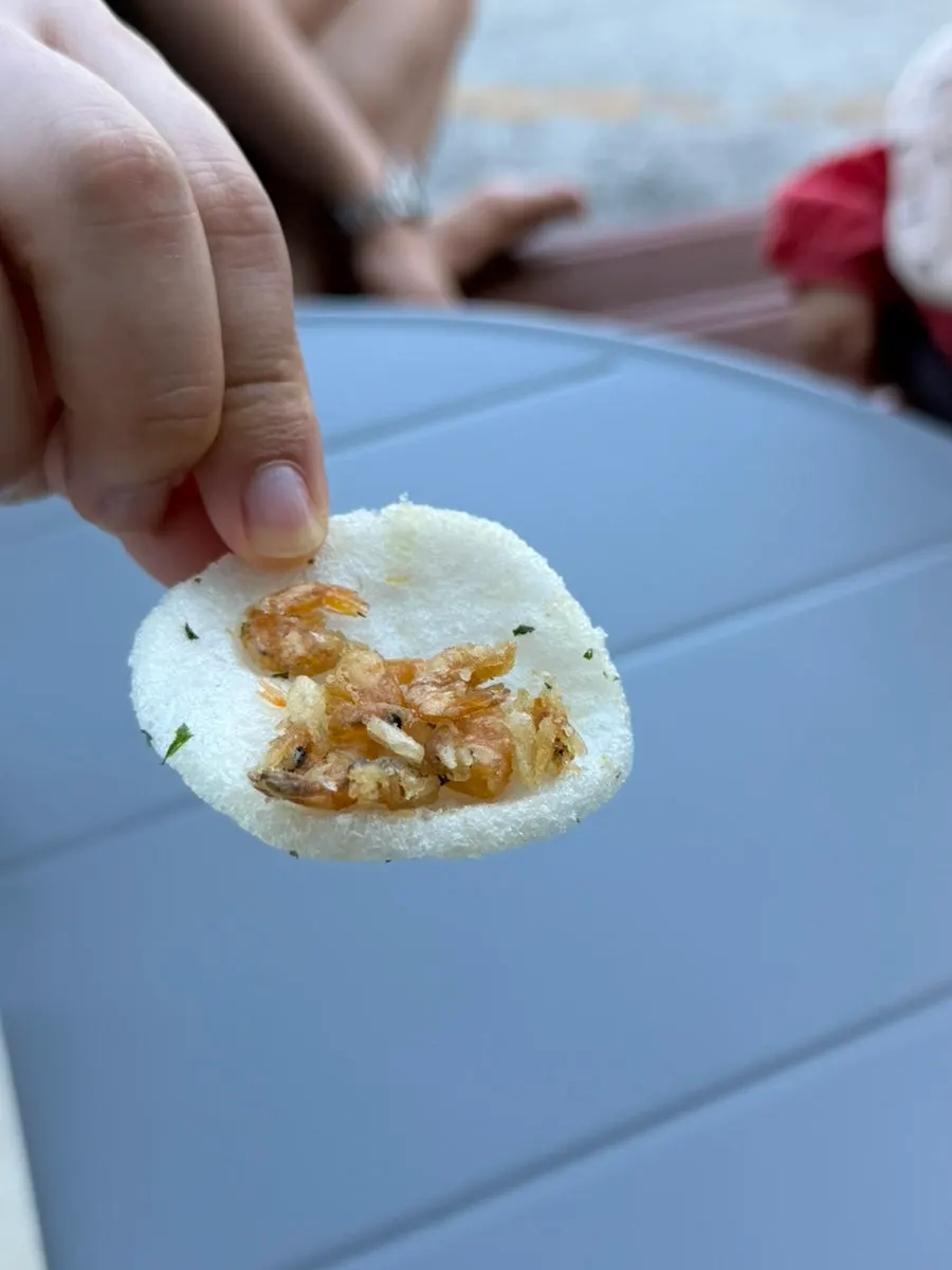 A plate of shrimp chips with real shrimp bits