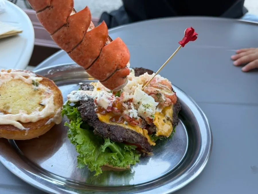 Cross-section of Burger Bar's lobster burger showing the lobster meat