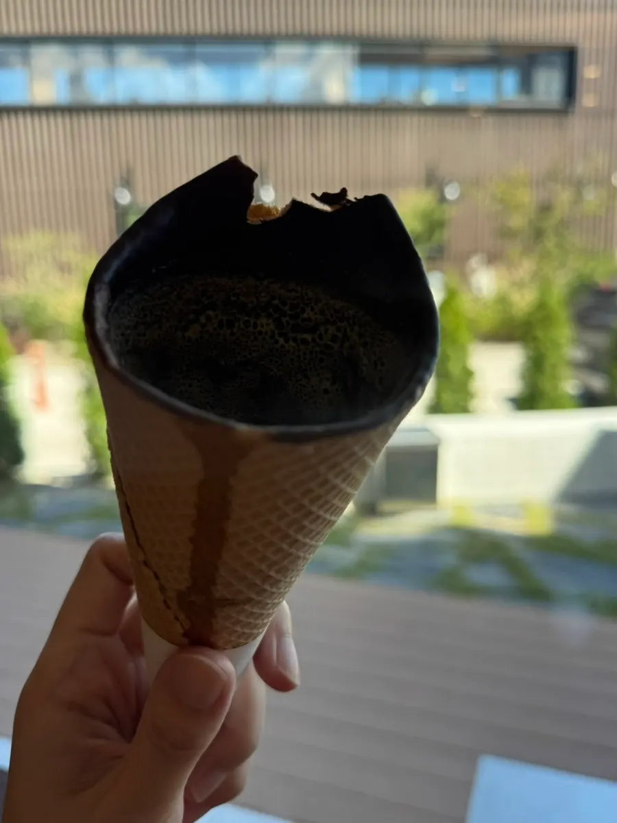 The chocolate coating still intact on the cone choco latte's waffle cone