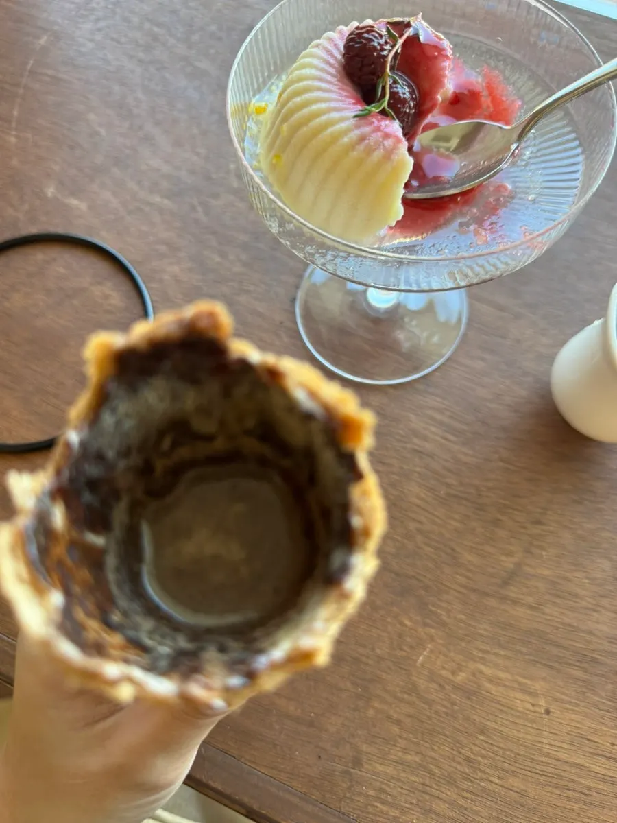 The chocolate waffle cone after finishing the latte