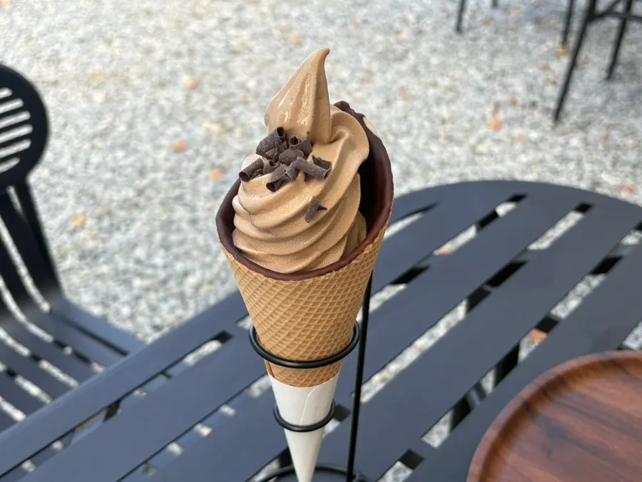 Cone choco latte and drinks on a terrace table