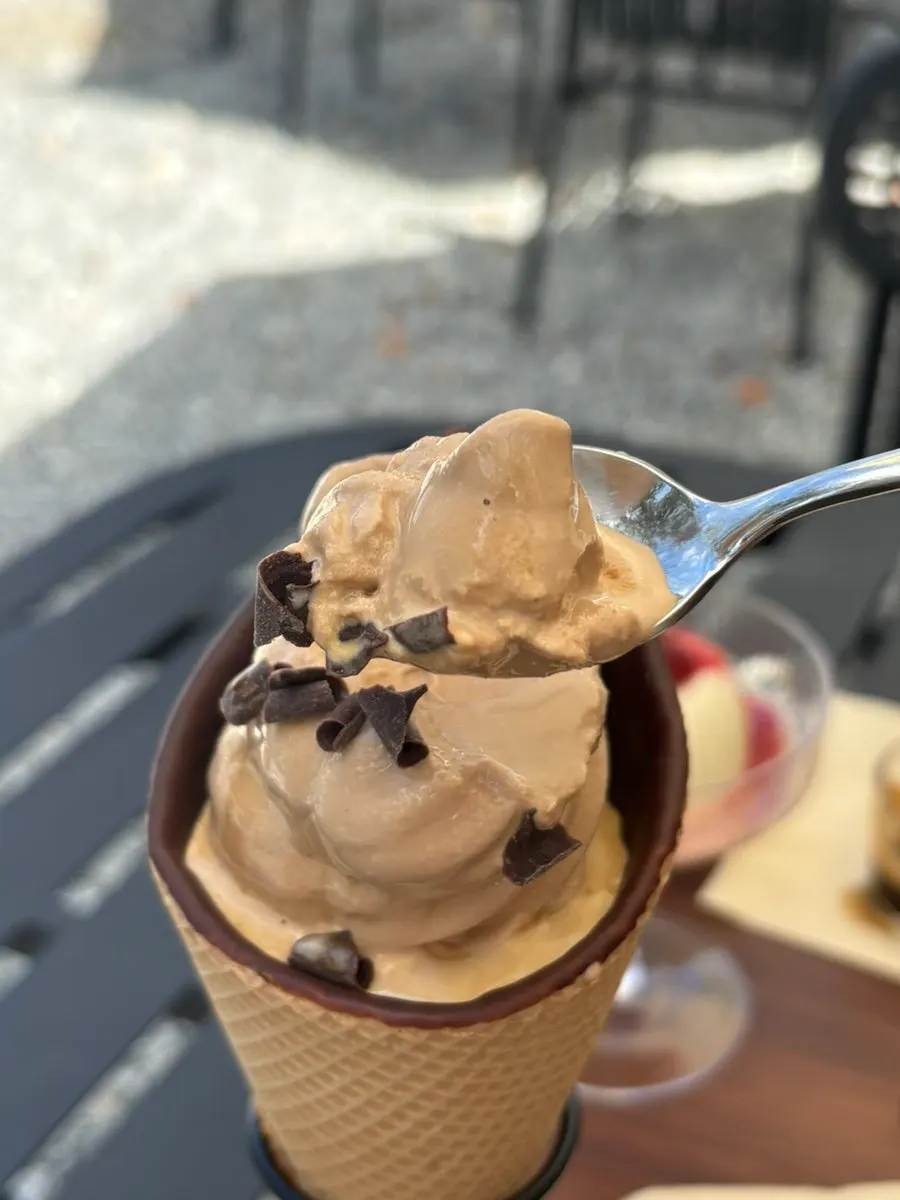 Close-up of the cone choco latte, with the cone used as a cup