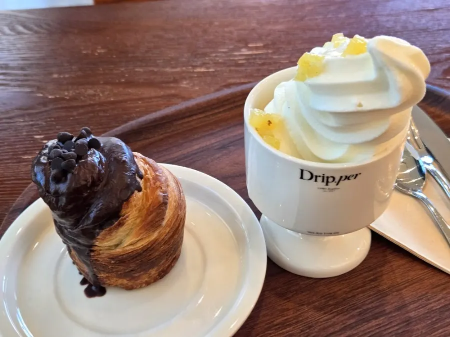 Milk soft serve cup and choco croffin table setting