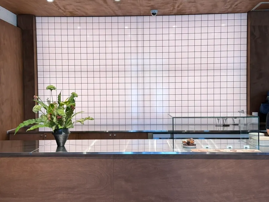 Café interior with deep wood-toned decor