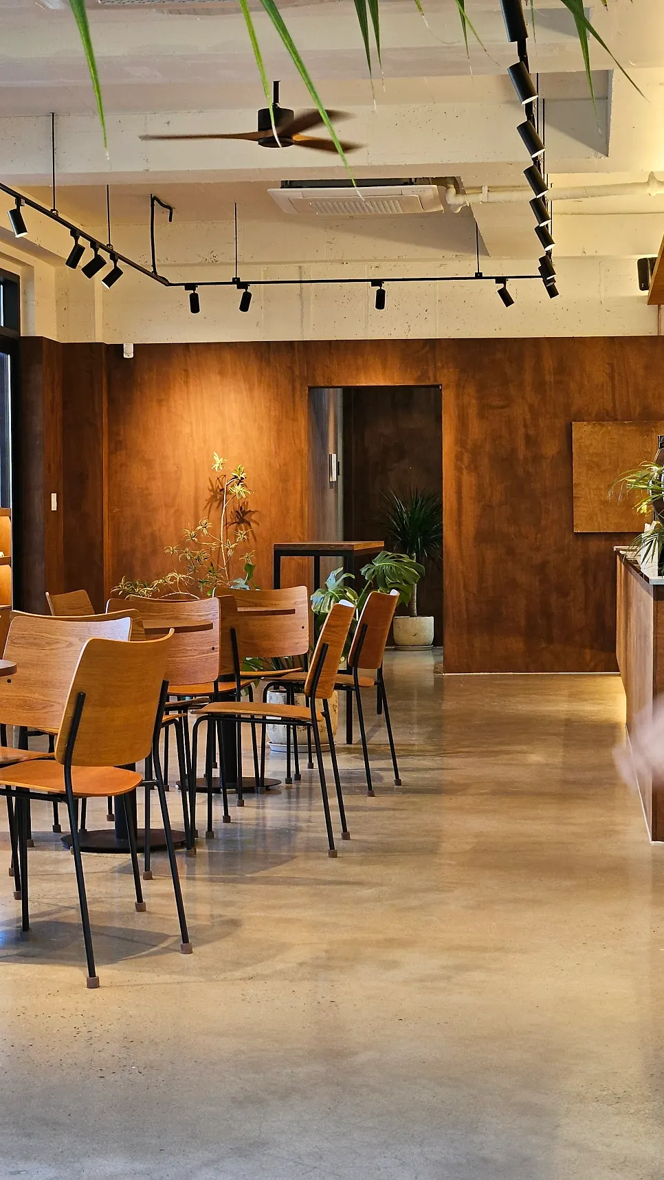 Café interior with dark wood-toned decor