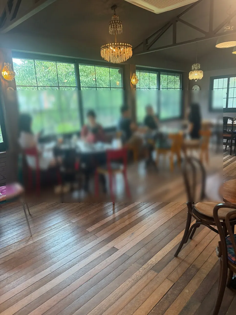 Wooden seating area inside Cafe Giwa