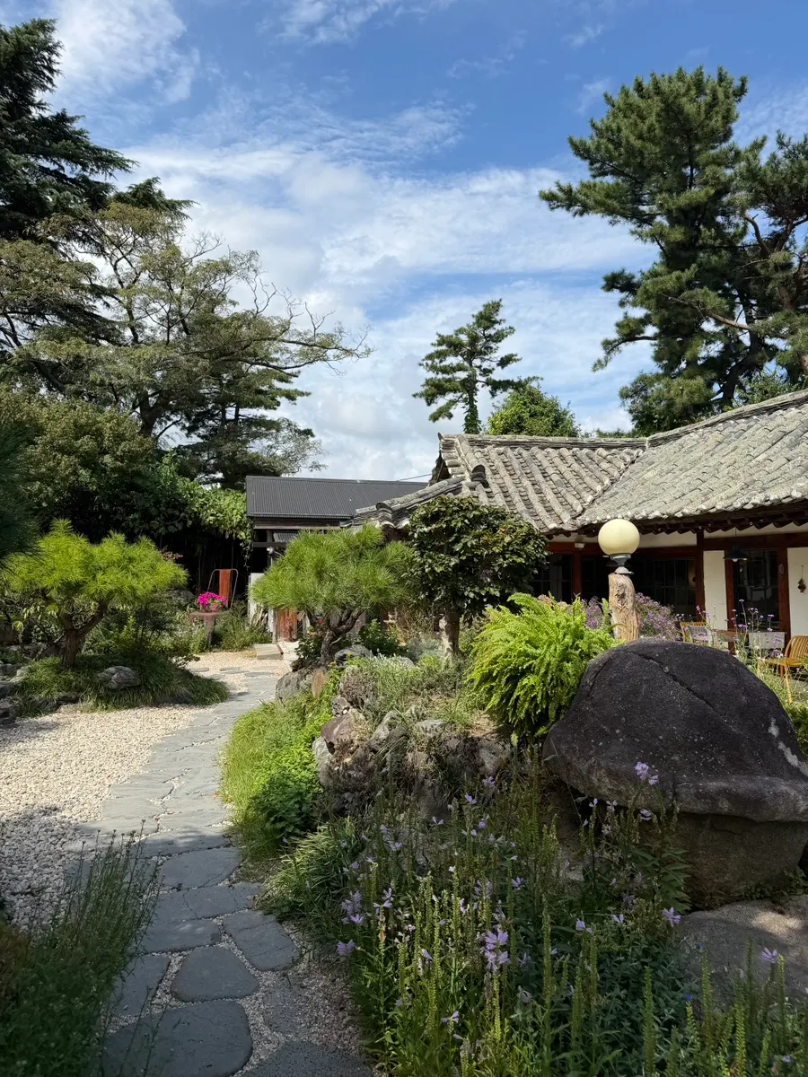Trees and roof-tile wall in Cafe Giwa's garden