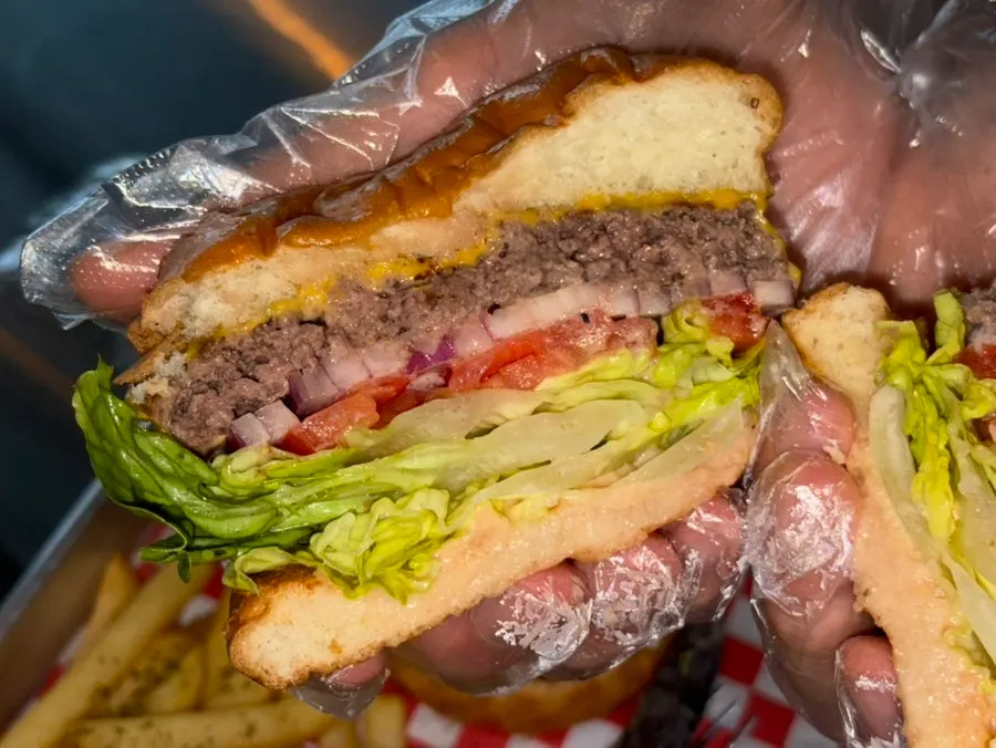 Cross-section of the Moana Burger showing the thick patty