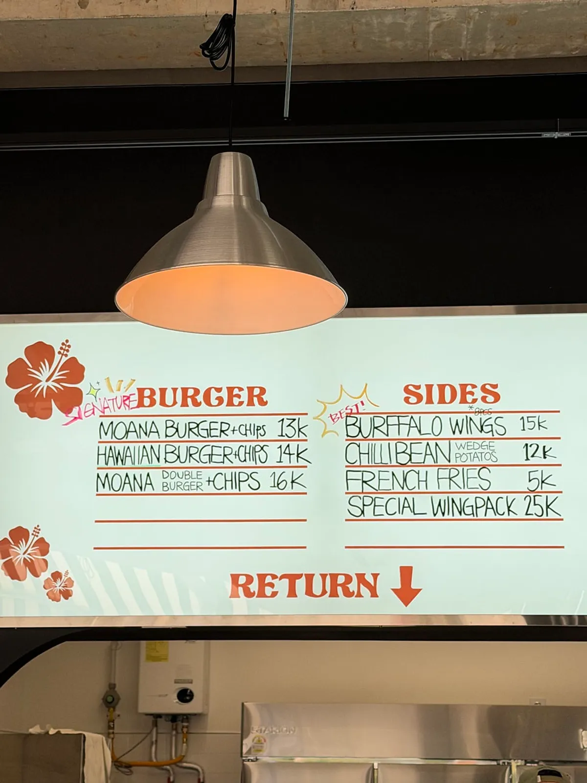 Menu board listing Moana Burger items and prices