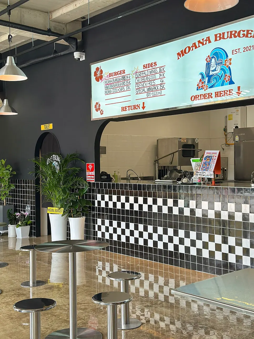 Hawaiian-mood seating inside Moana Burger