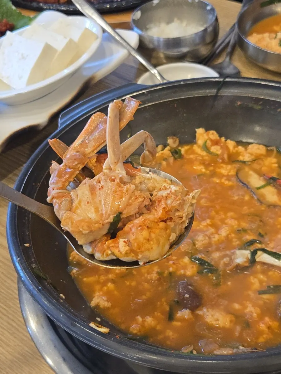 A spoonful of sundubu soaked in the broth