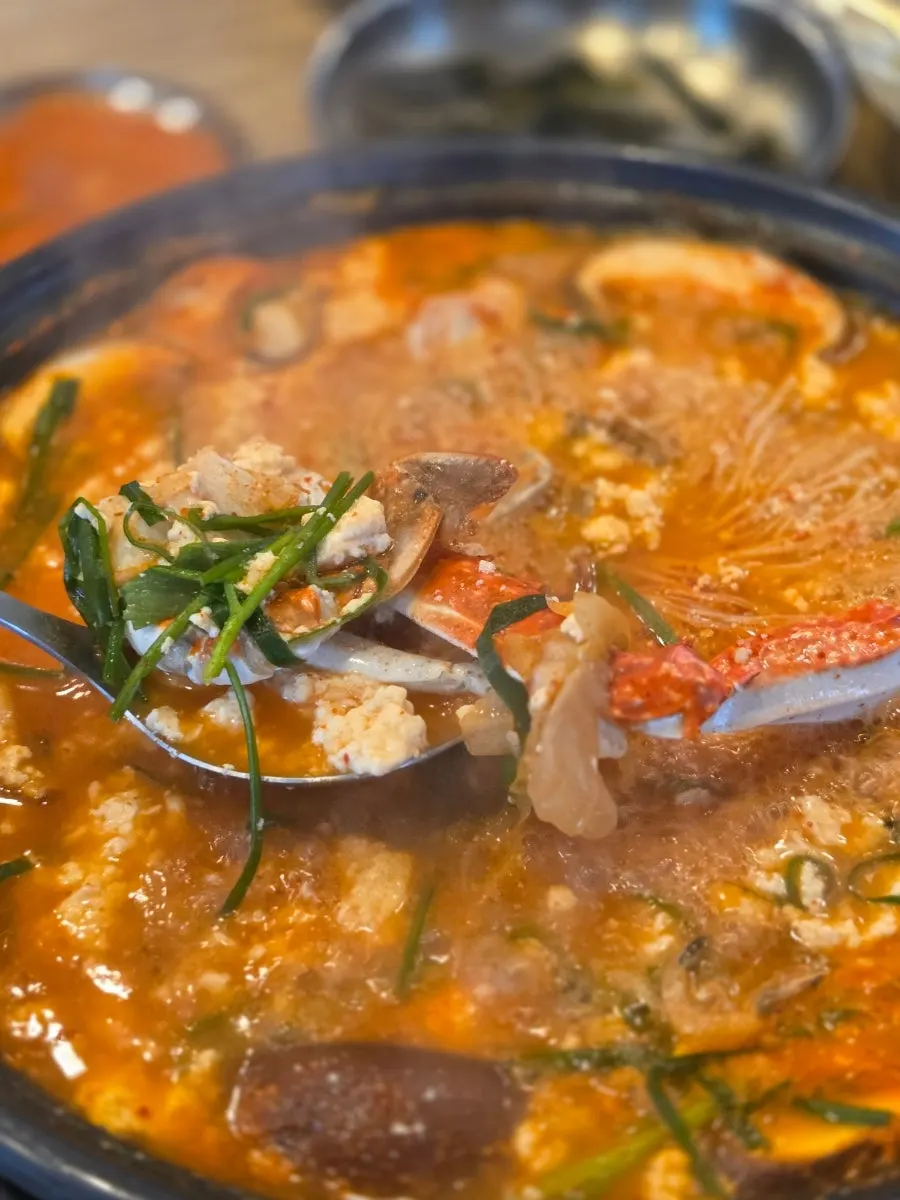 순두부와 버섯 채소를 건져 담은 국물