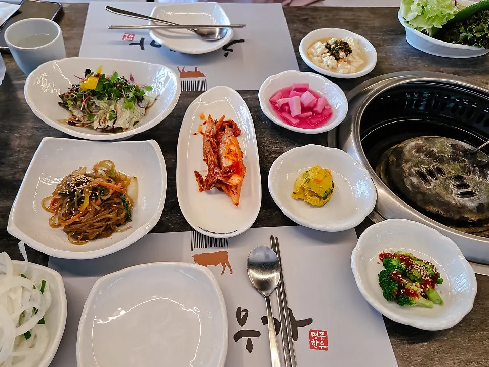 Full spread of side dishes served with the pork galbi