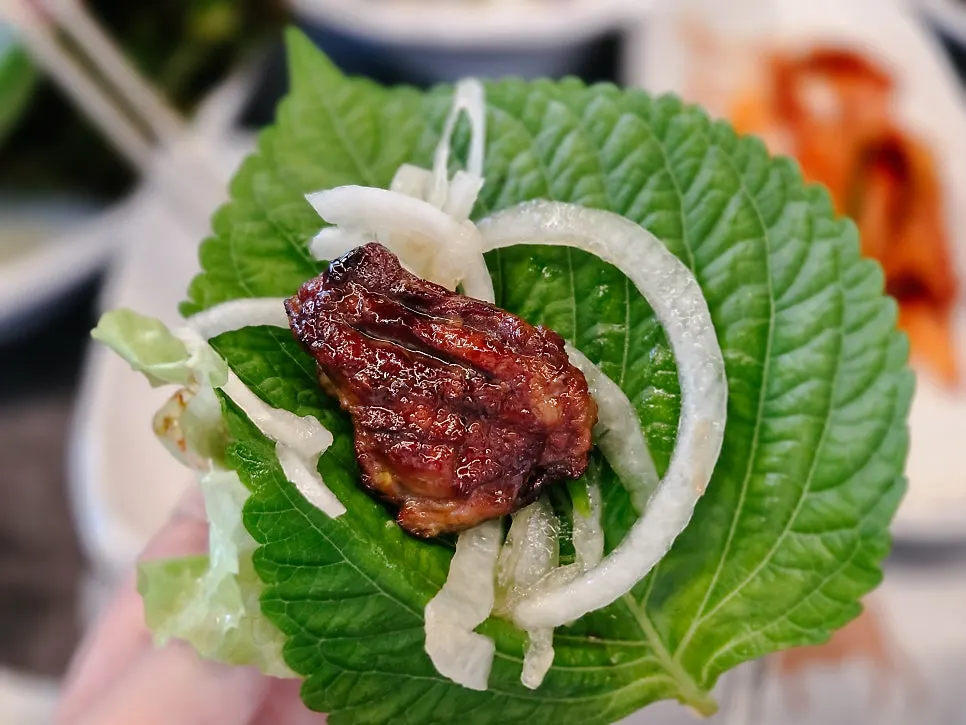 A lettuce and perilla wrap with meat and shredded onion