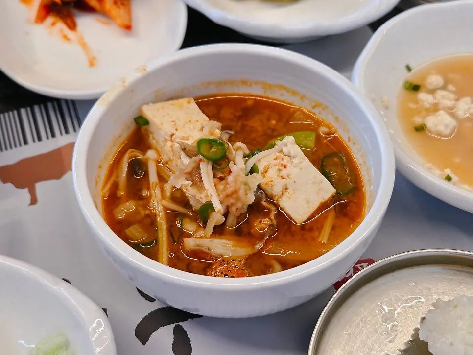 Doenjang jjigae served with a bowl of rice