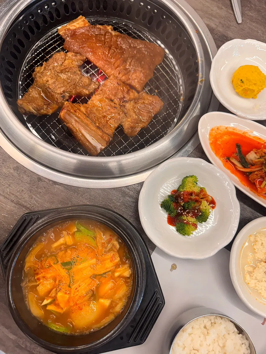 Table with doenjang stew and steamed rice