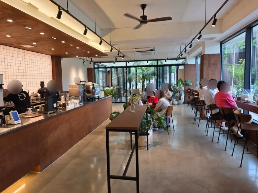 Café interior decorated in white wood