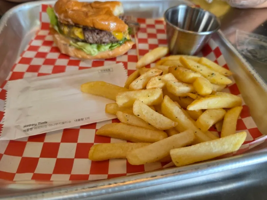 A lunch spread of burger and fries