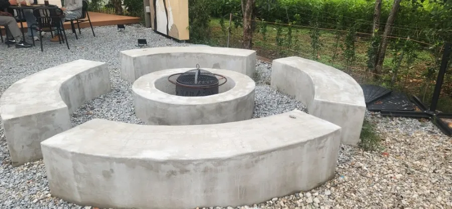 Outdoor table seating resembling a campfire area
