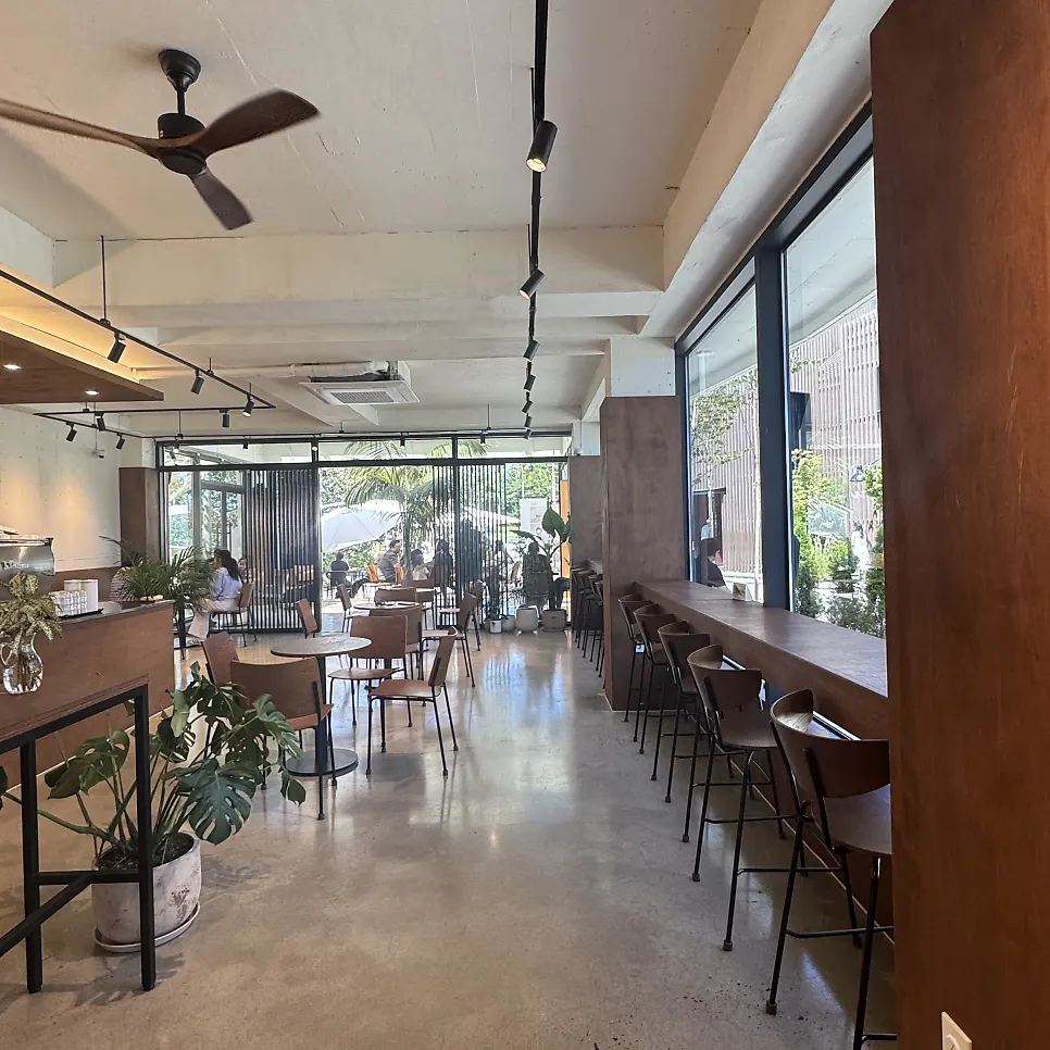Long bar seating along the window