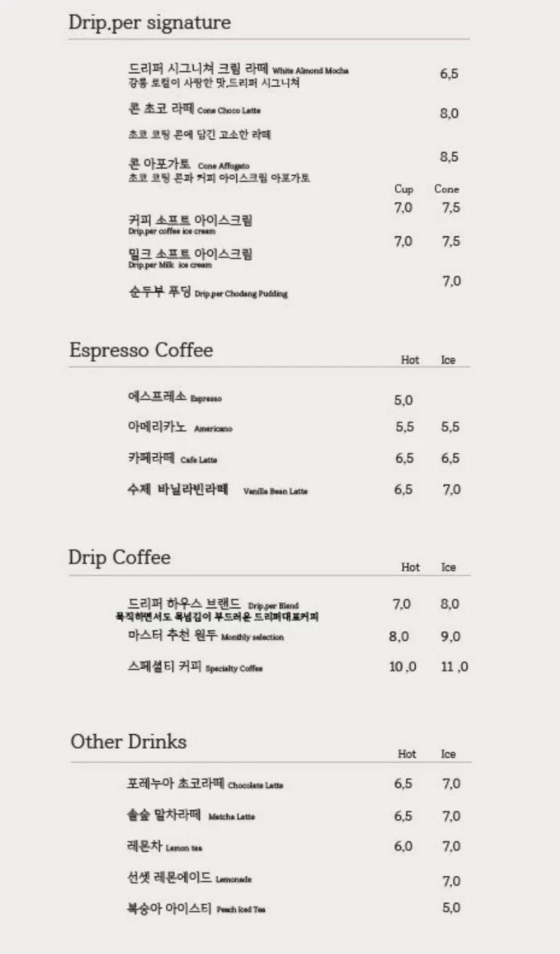 Coffee Dripper menu