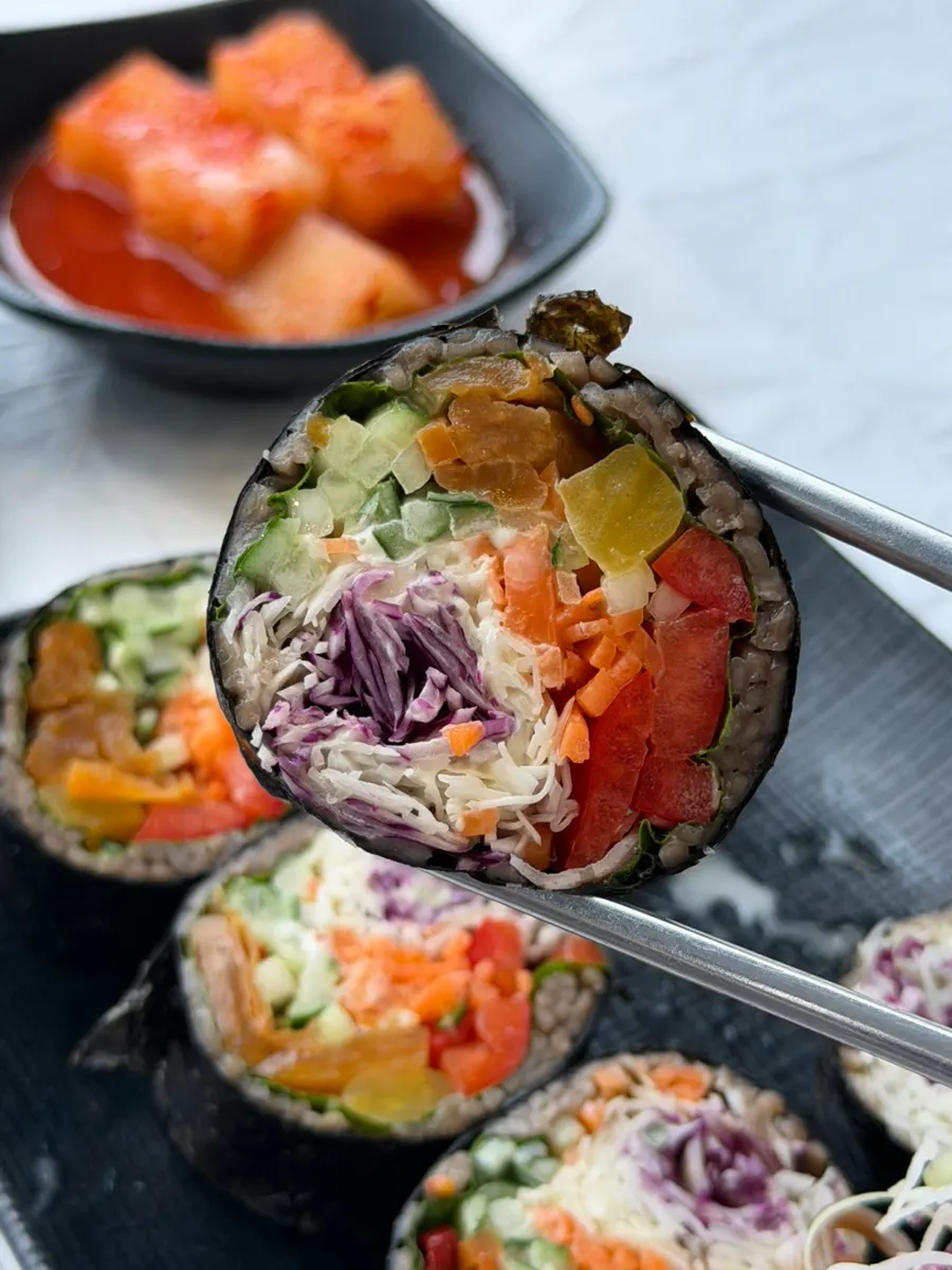 Buckwheat salad gimbap filled with buckwheat noodles and salad vegetables