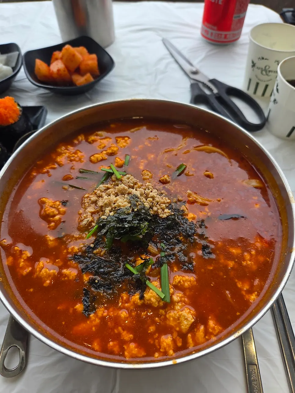 Spicy sundubu kalguksu filled with Chodang sundubu