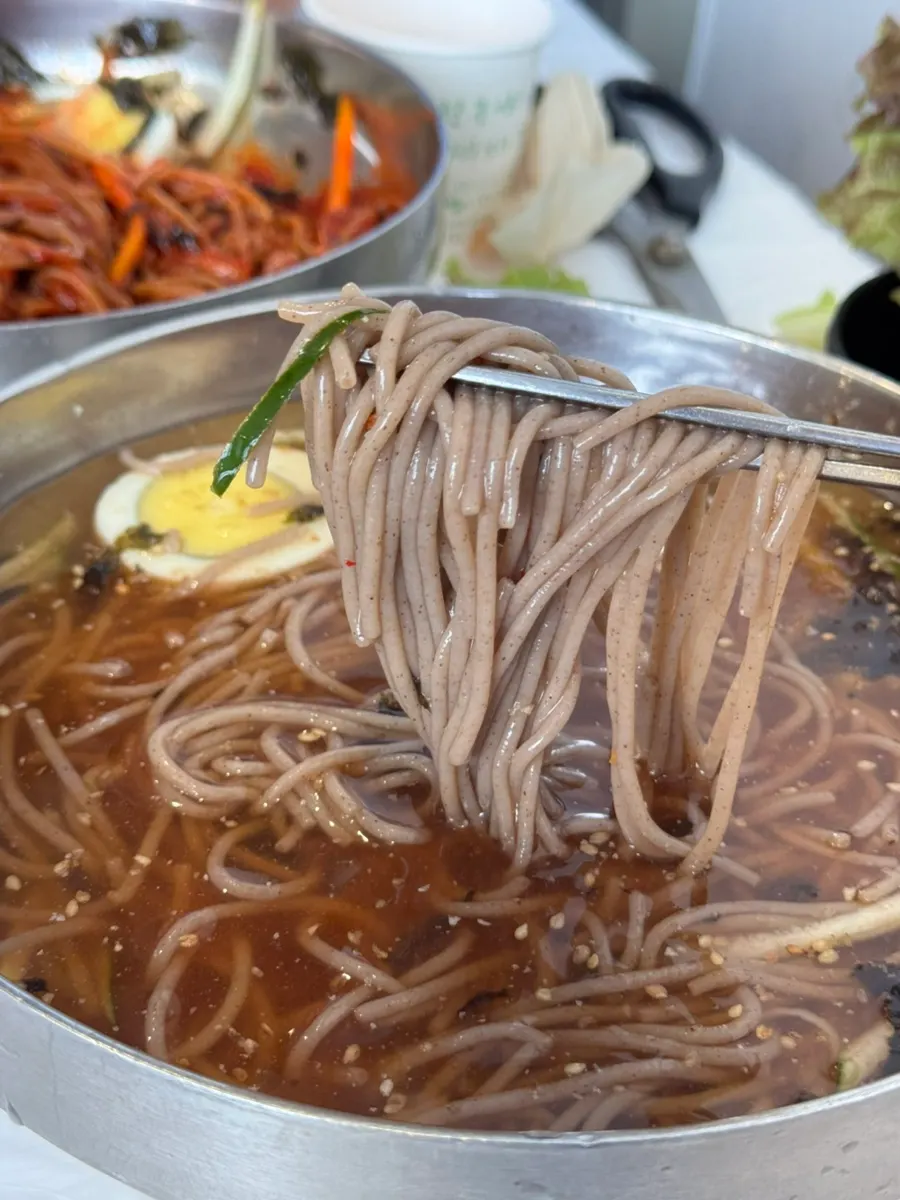 물막국수 면과 육수 클로즈업