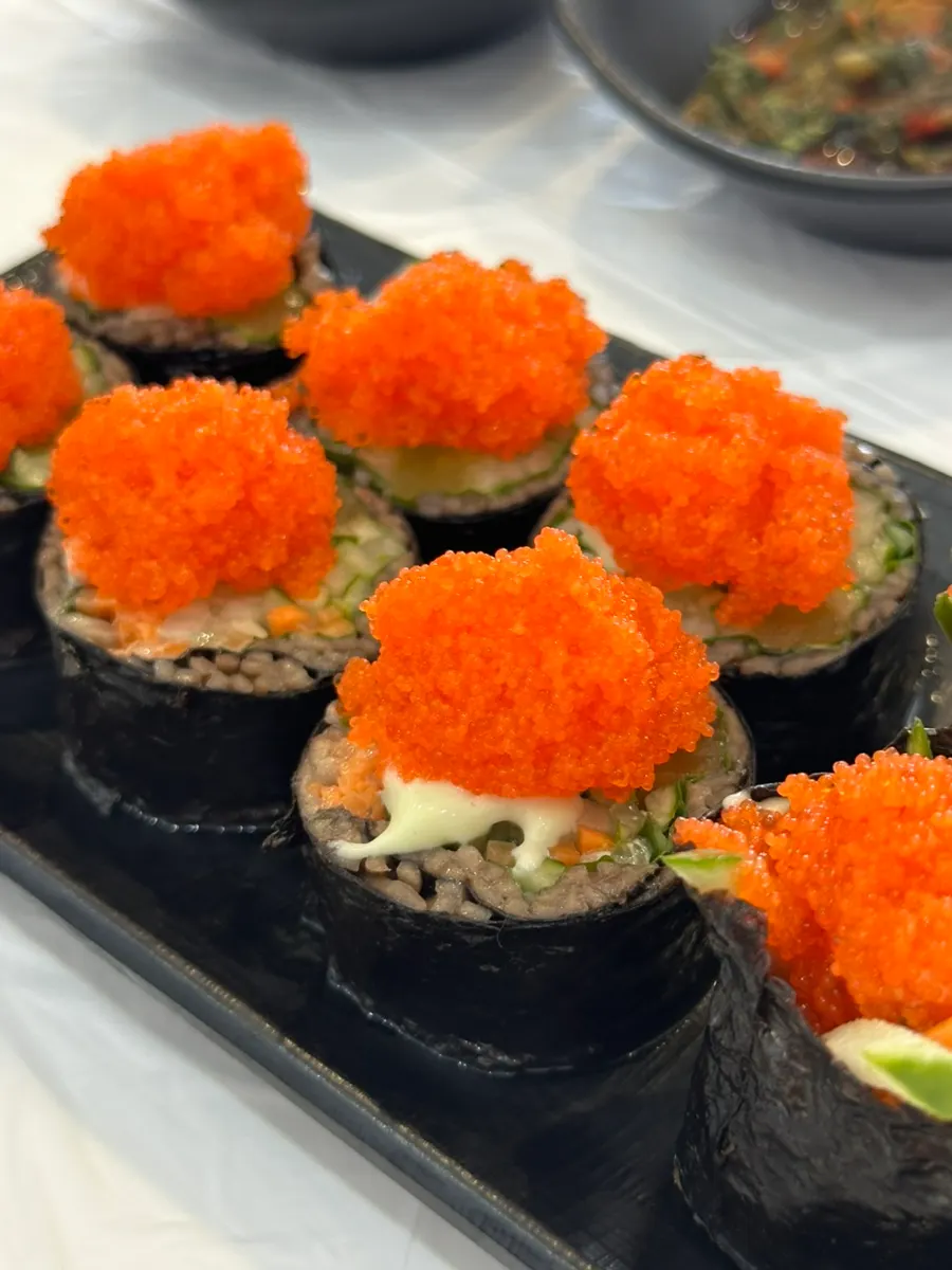 Close-up of the flying fish roe buckwheat gimbap