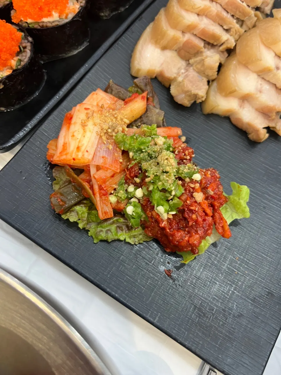 Boiled pork served with scallion salad and cheongyang chili
