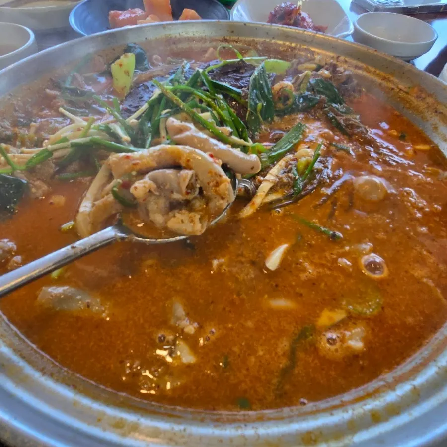 Seonji and tripe scooped from the hot pot