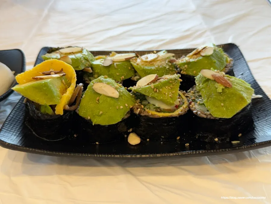 A plate of avocado buckwheat gimbap