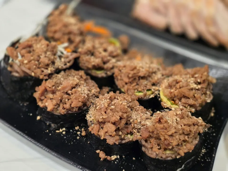Cross-section of gimbap made with buckwheat noodles