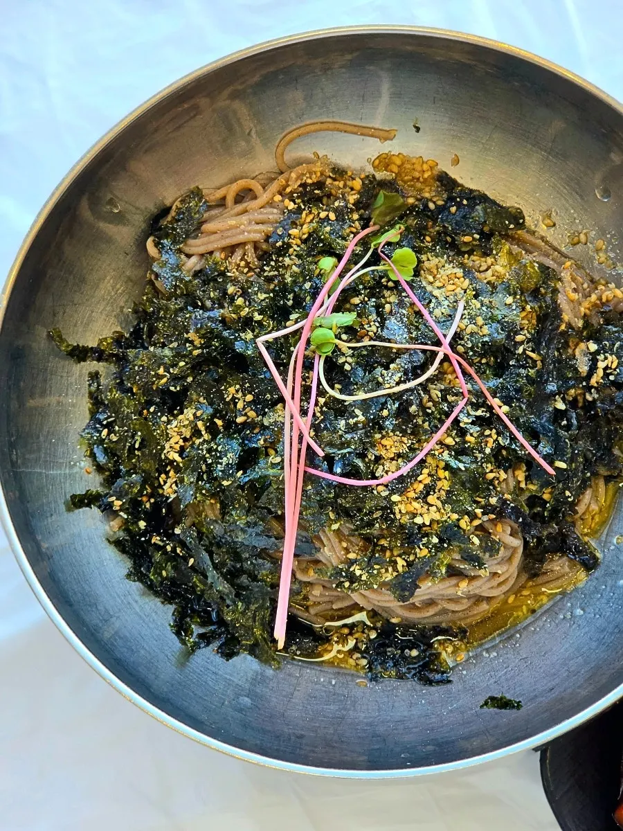 Close-up of perilla oil makguksu