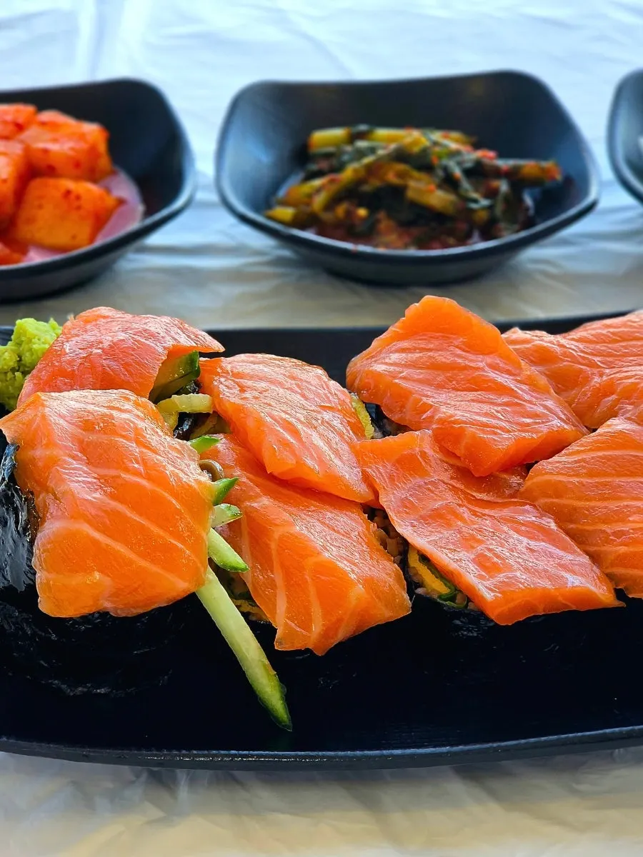A plate of salmon keto buckwheat gimbap