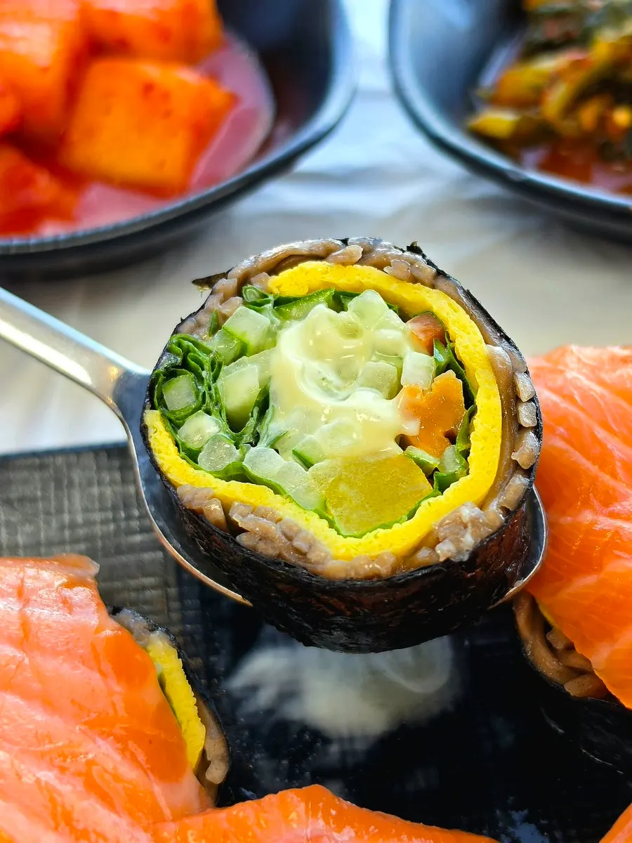 Cross-section of the keto gimbap filled with buckwheat noodles