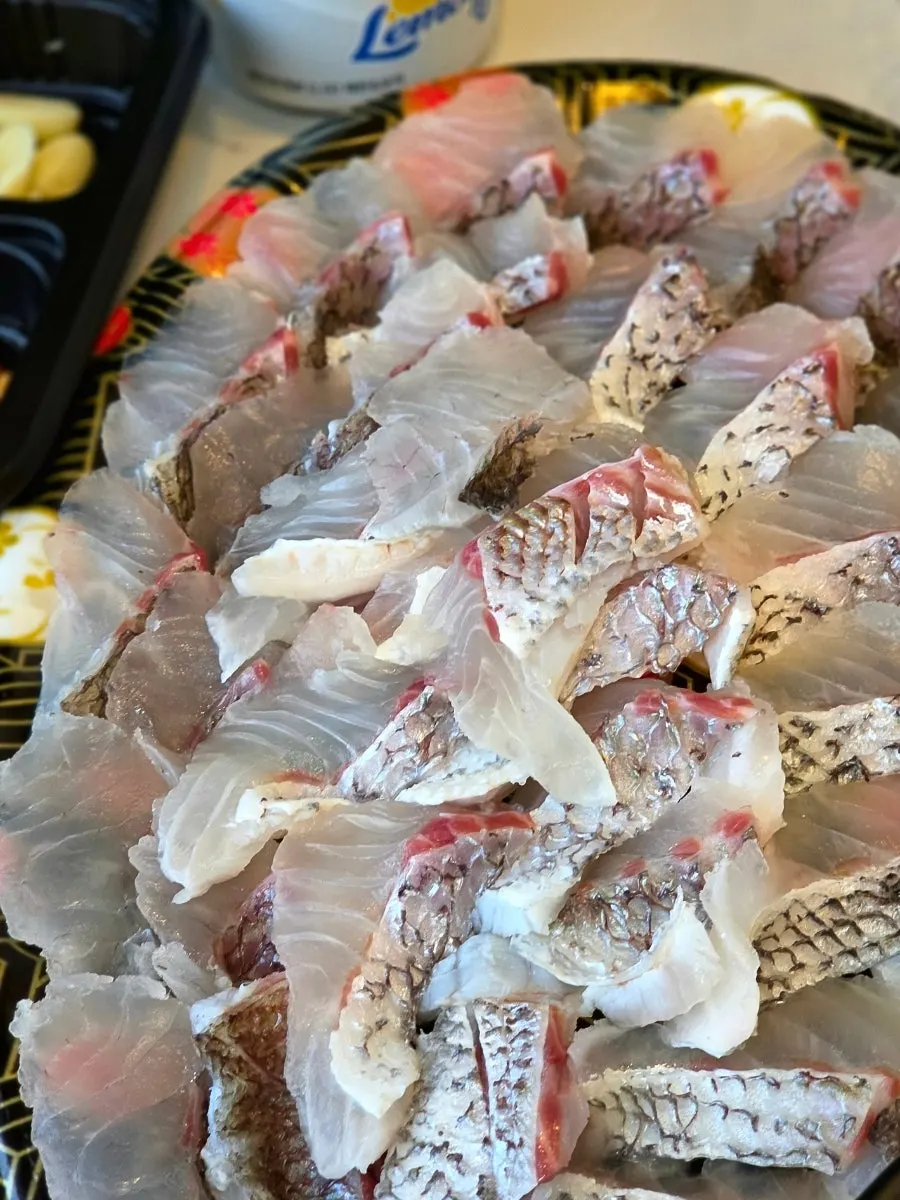 Close-up of the skin side of the red sea bream yubiki sashimi