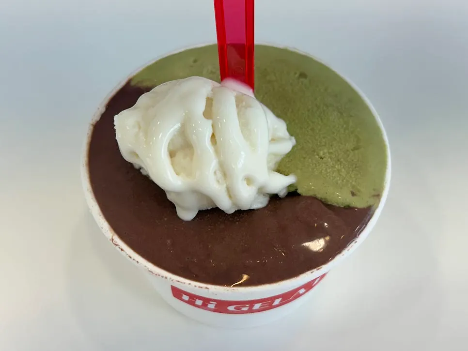 Large cup of Valrhona dark chocolate and matcha gelato