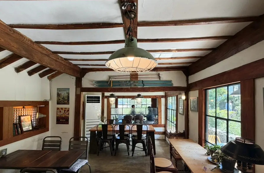 The back seating area of Cafe Giwa overlooking a bamboo forest