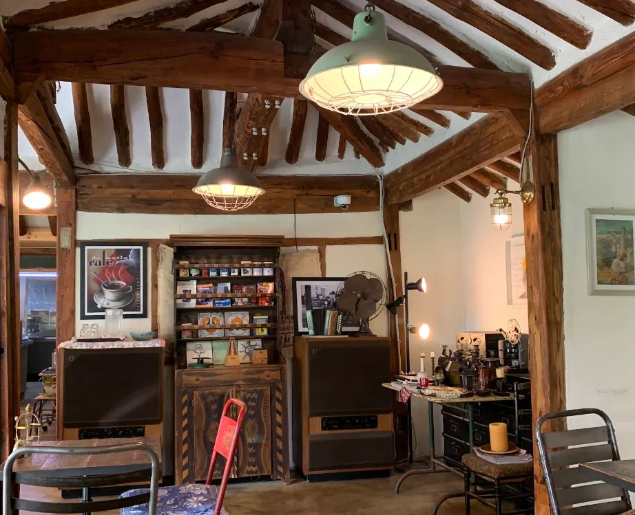 The exposed rafters inside Cafe Giwa's hanok interior