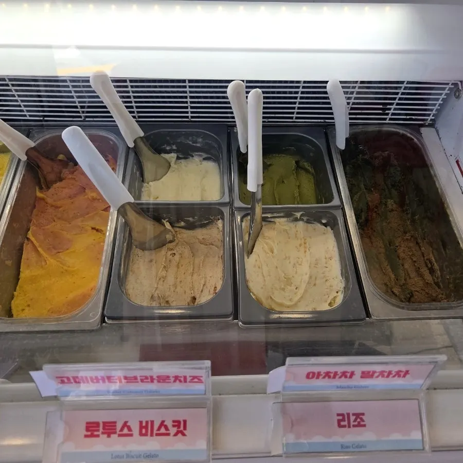 쇼케이스에 진열된 여러 가지 젤라또 맛