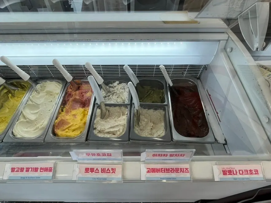 쇼케이스에 진열된 여러 가지 젤라또 맛