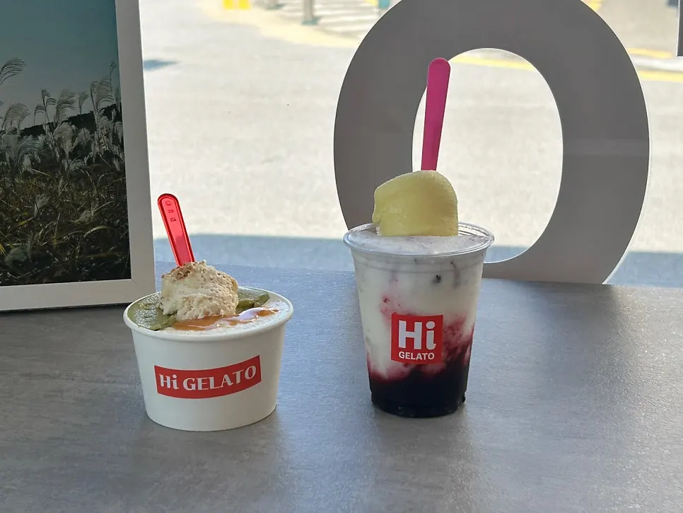 Gelato display browsed before ordering at Hi Gelato