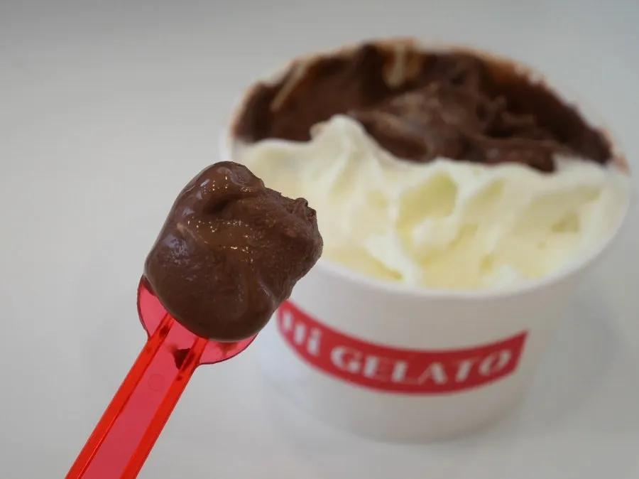 Large cup with three gelato flavors from Hi Gelato