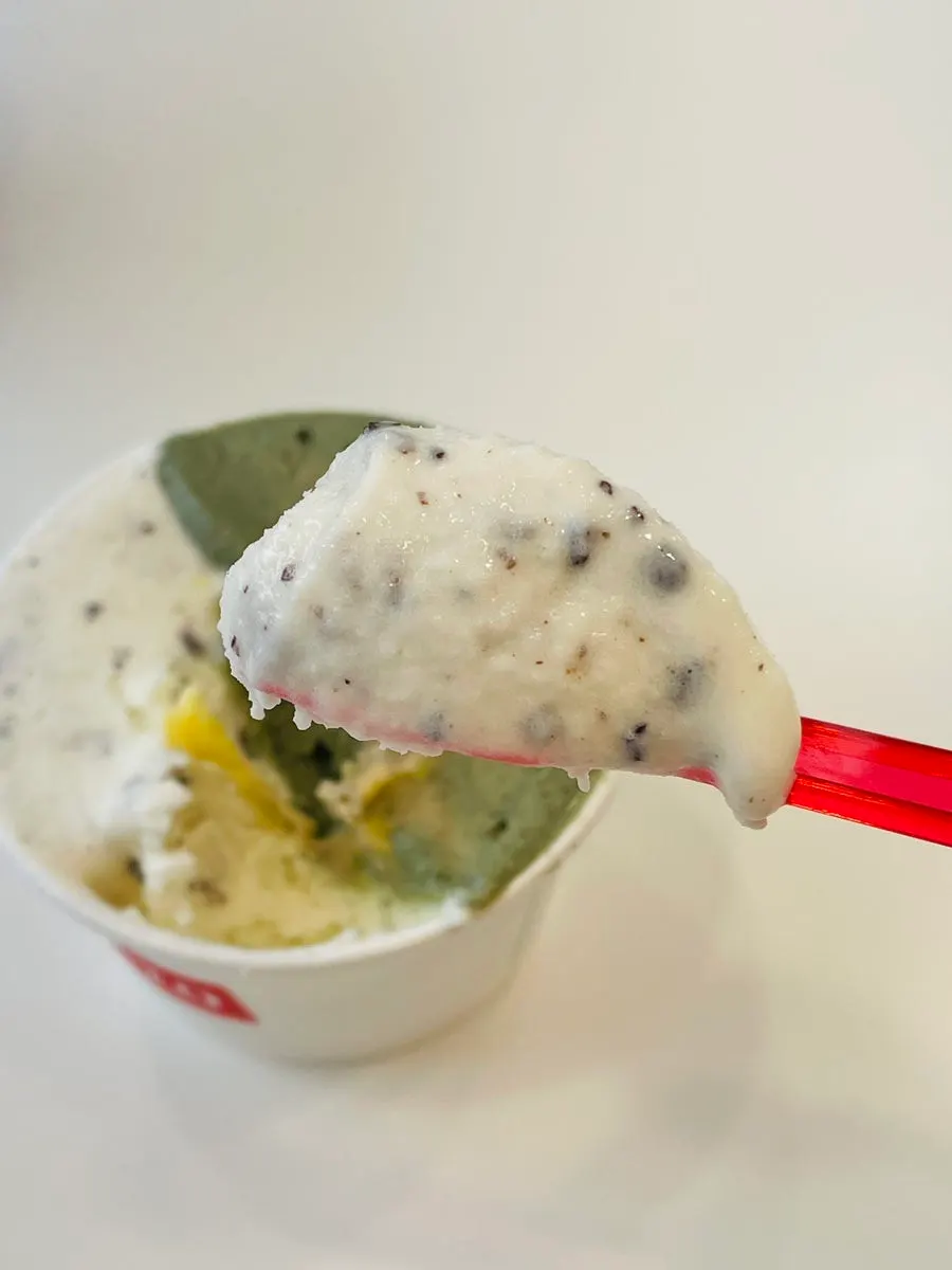 Close-up of sweet and tart mango-strawberry gelato
